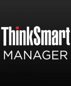 Logo van de Lenovo ThinkSmart Manager-software op een zwarte achtergrond, witte tekst en een rood detail.