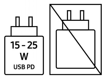 Handleiding voor het gebruik van de USB PD-lader van de Samsung Galaxy Tab S10 Lite Twee diagrammen van een netwerkapparaat, links een 15-25 W USB PD-gemarkeerde lader, rechts een verboden symbool.