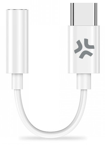 Witte Celly USB-C-adapter met een 3,5 mm audiopoort en een korte witte kabel.