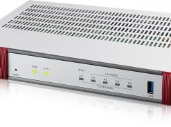 Zyxel USG FLEX 100-firewall, moderne functies voor netwerkbeveiliging. Zilverkleurige Zyxel USG FLEX 100-firewall met rode zijpanelen, vooraan LED-lampen en poorten.