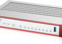 Zilverkleurige, rechthoekige Zyxel USG FLEX 100 H-firewall met rode accenten en meerdere poorten aan de voorkant.