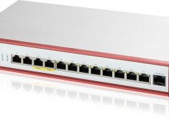 Zyxel USG FLEX 500 H - veelzijdige firewall met 2,5G- en PoE-ondersteuning Zyxel-firewall met rode rand met meerdere netwerkpoorten en een USB-poort, horizontaal op een tafelblad.