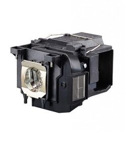 Zwarte projectorlamp in een rechthoekige plastic behuizing, zilverkleurig metalen detail aan de voorkant.