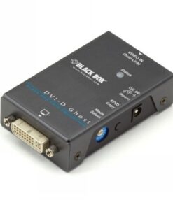 Zwarte rechthoekige Black Box DVI-D EDID Ghost-adapter met een DVI-poort en blauwe knoppen.