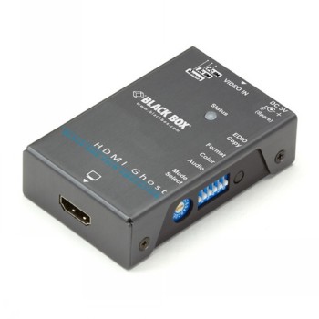Zwart rechthoekig HDMI EDID Ghost-apparaat met een poort en schakelaars, schuin van boven gezien.