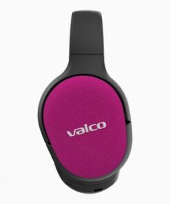 Fuchsiakleurige Valco VMK25-hoofdtelefoon met zwarte behuizing, close-up van de zijkant.