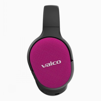 Fuchsiakleurige Valco VMK25-hoofdtelefoon met zwarte behuizing, close-up van de zijkant.