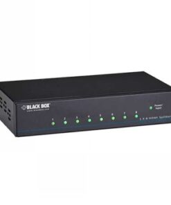 Zwarte rechthoekige 4K HDMI-splitter met acht aansluitpoorten en groene LED-indicatielampjes.