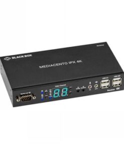 Zwarte rechthoekige Black Box Mediacento IPX 4K ontvanger, knoppen en poorten op het voorpaneel.