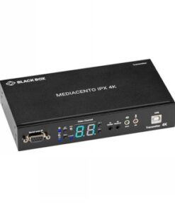 Het voorpaneel en de aansluitingen van de zwarte rechthoekige Black Box Mediacento IPX 4K-zender.