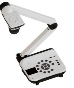Witte Optoma DC557 documentcamera met beweegbare arm en rond bedieningspaneel in beeld.