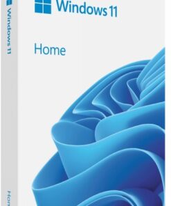 Witte doos van het Windows 11 Home softwarepakket met een blauw grafisch patroon op de voorkant.