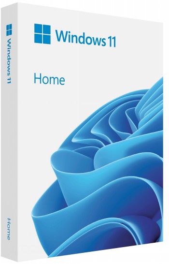 Witte doos van het Windows 11 Home softwarepakket met een blauw grafisch patroon op de voorkant.