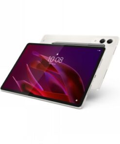Lenovo Yoga Tab 11.1 dubbele camera, witte behuizing en 3.2K touchscreen met rode gestructureerde achtergrond.
