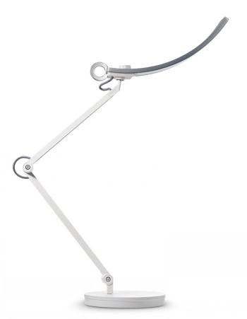 Zilverkleurige, moderne Benq WiT e-leeslamp met gebogen arm en ronde voet, afgebeeld in zijprofiel tegen een witte achtergrond.