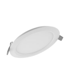 Dunne, ronde lamp, witte rand en zachte matte diffuser, afgebeeld vanuit een hoek.
