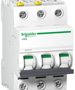 Wit driedelige installatieautomaat, Schneider Electric-logo, schakelaars onderaan.