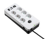 Eaton Protection Box 6 DIN overspanningsbeveiliging wit Witte overspanningsbeveiliging met meerdere aansluitingen, zes stopcontactposities en een zwart netsnoer.