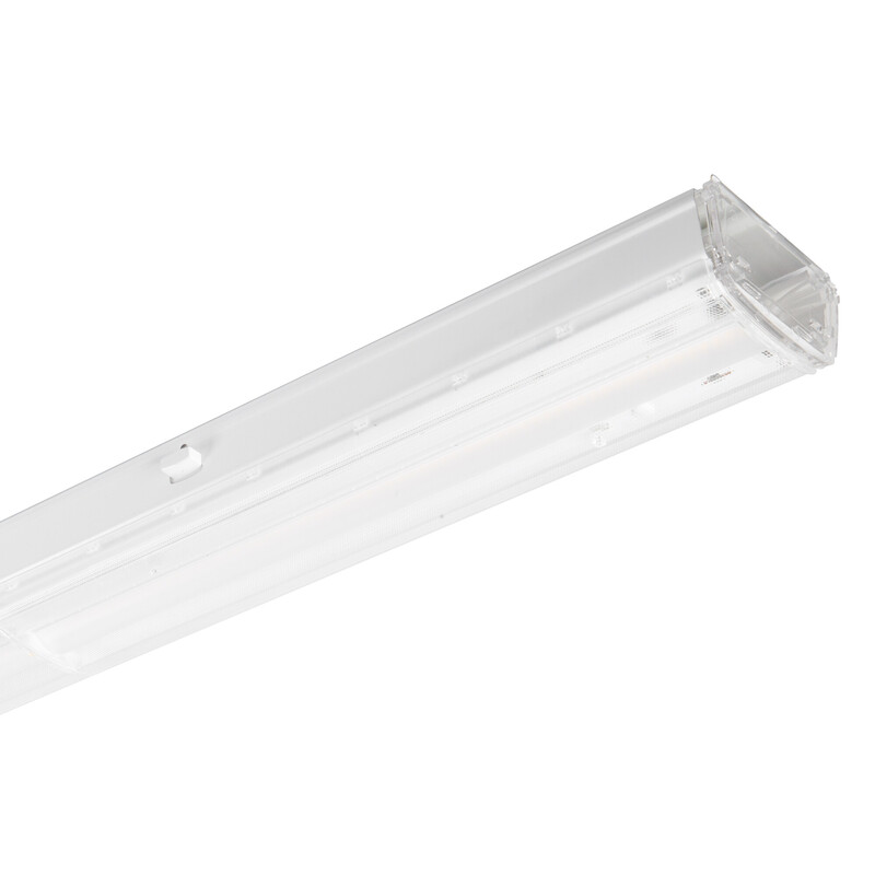 Rechthoekige witte LED-lamp met een doorzichtige beschermkap, van bovenaf gezien.