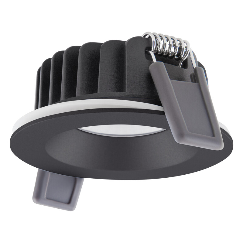 Ronde zwarte inbouw LED-spot met veerclips en dimbaar licht.