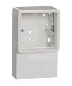 Wit Schneider Electric opbouwdoos met schuine 2-vaks kader en geïntegreerde verlichting.