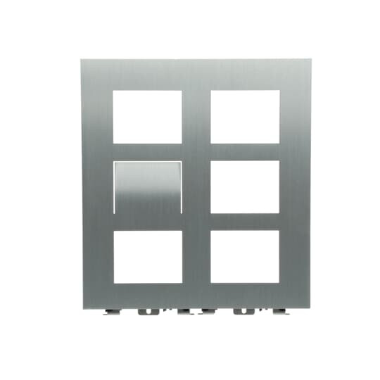 Zilvergrijs, aluminium 6-modulaire videofrontplaat, van voren afgebeeld.