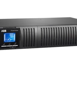 Gebalanceerd ontworpen zwarte ABB PowerValue 11 RT G2 1kVA UPS-apparaat, met een LCD-scherm aan de voorkant en ventilatieroosters.