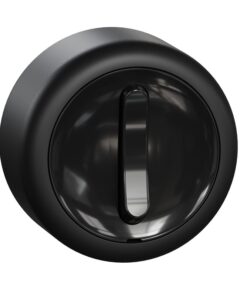 Ronde, zwarte elektrische schakelaar met glanzend oppervlak en modern design.