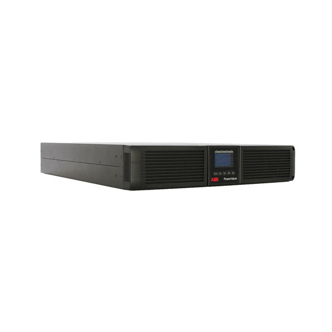 Zwarte rechthoekige ABB PowerValue 11 RT G2 6 kVA UPS-apparaat met een voorpaneelmonitor en ventilatieopeningen.