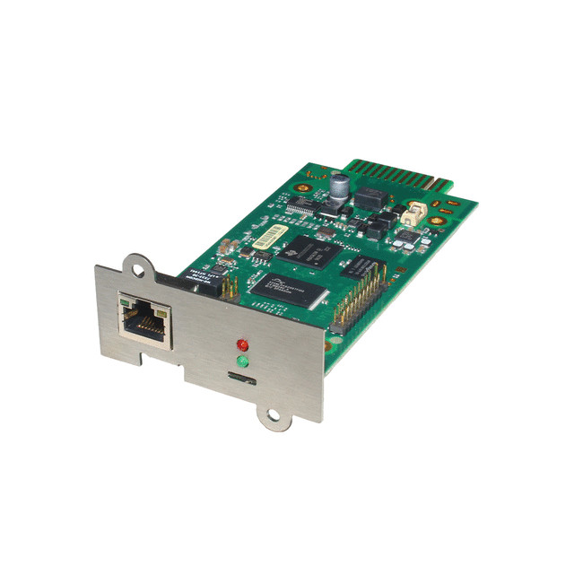 Generex SNMP-kaart, groene printplaat met metalen beugel, netwerkaansluiting en LED-indicatoren zichtbaar.
