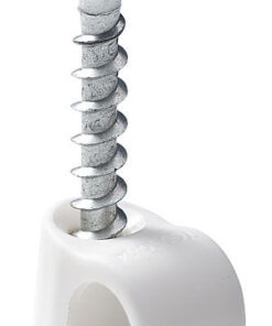 Witte plastic schroefplug met torx-kop. De afbeelding toont details van de plug, zoals de spiraalvormige metalen schroef...