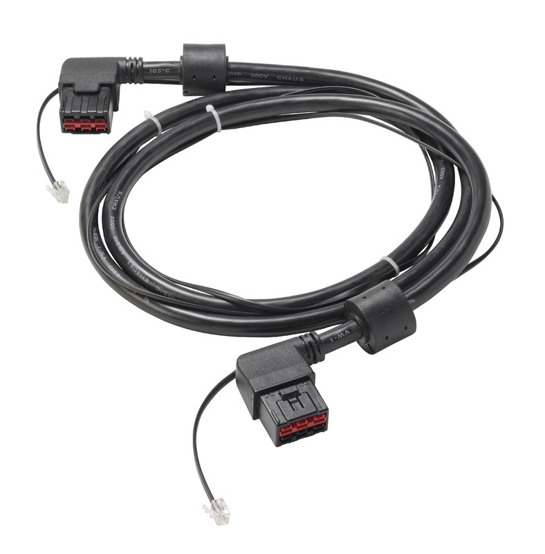 Zwarte kabel met rode connectoren en beschermde uiteinden, totale lengte 2 meter.