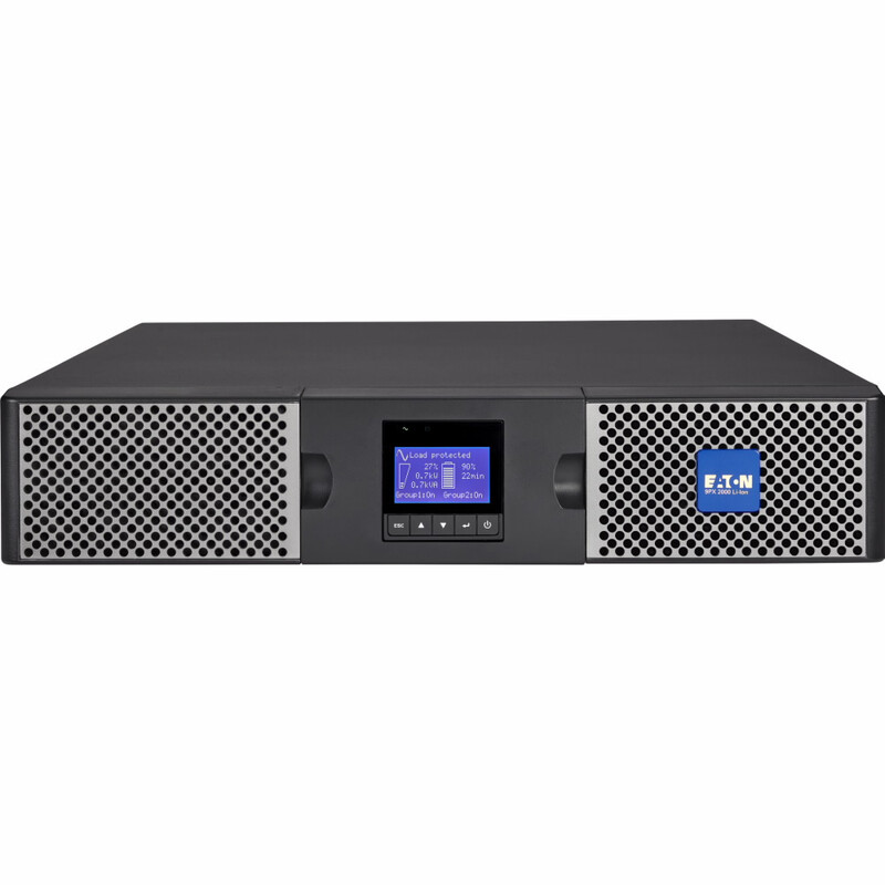 Eaton 9PX 2200I RT2U NETPACK lithium-ion UPS-apparaat Zwarte Eaton 9PX 2200I RT2U NETPACK UPS-apparaat met blauw logo op het voorpaneel en een LCD-scherm in het midden.