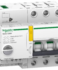 Schneider Electric Reflex Smartlink IC60N-afstandsbedieningseenheid 3P C25A Witte Schneider Electric-afstandsbedieningseenheid met groene en gele accenten. Afbeelding toont drie bekabelingsaansluitingen...