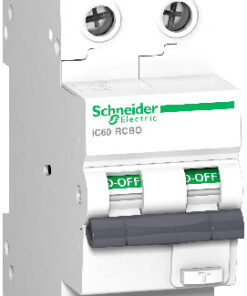 Schneider Electric Acti9 iC60 RCBO aardlekschakelaar 10KA Schneider Electric witte Acti9 iC60 RCBO aardlekschakelaar met twee schakelaars en groene Aan-Uit markeringen aan de voorkant...