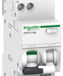 Schneider Electric IDPN N Vigi aardlekschakelaar voor thuisgebruik Witte Schneider Electric aardlekschakelaar met groene en gele markeringen, twee hendels en aansluitingen zichtbaar vanaf de zijkant...