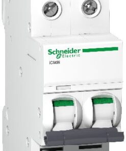 Schneider Electric Acti9 iC60N stroomonderbreker 32A Witte en groene stroomonderbreker met twee hendels en het Schneider Electric-logo.