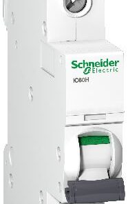Schneider Electric IC60H stroomonderbreker 40A, met lichte behuizing. Lichtgekleurde Schneider Electric IC60H stroomonderbreker, witte behuizing, groene en grijze schakelaar, in verticale positie.