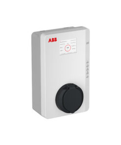 Witte ABB Terra AC elektrische laadpaal met een zwarte Type 2-poort en een klein monitor aan de voorkant.