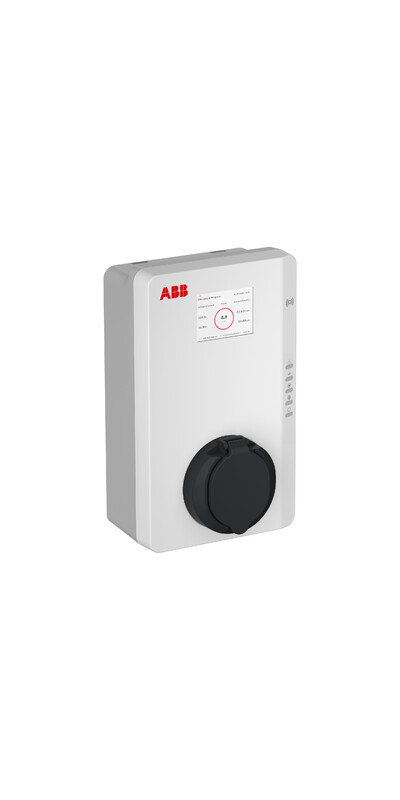 Witte ABB Terra AC elektrische laadpaal met een zwarte Type 2-poort en een klein monitor aan de voorkant.