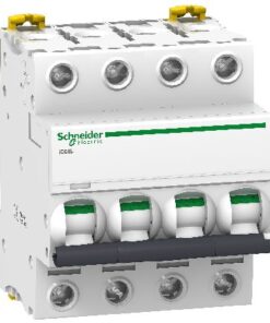 Schneider Electric Acti9 stroomonderbreker B-curve 20A Viermodules witte stroomonderbreker met groene details, horizontale positie.