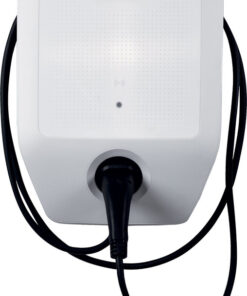 Lichtgrijze Bosch Wallbox Solar Max-laadstation met strakke vormen en vastgemaakte zwarte laadkabel.