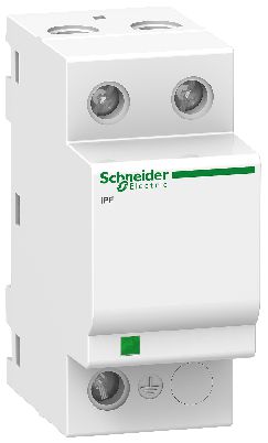 Schneider Electric Acti 9 overspanningsbeveiliging 40KA, 1P+N - veiligheid en vertrou... Witte Schneider Electric overspanningsbeveiliging, verticale positie, groene details, twee connectoren aan de bovenkant.