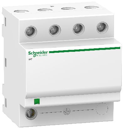 Witte overspanningsbeveiliging met Schneider Electric-logo, vier polen en een groene decoratieve streep aan de voorkant.