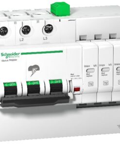 Witte Schneider Electric iQuick PRD40R 3P overspanningsbeveiliging, drie schakelaars en een groene indicatielamp bovenaan.