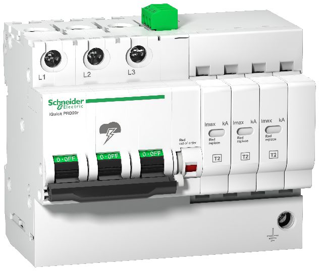 Witte Schneider Electric iQuick PRD40R 3P overspanningsbeveiliging, drie schakelaars en een groene indicatielamp bovenaan.