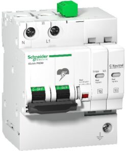 Witte Schneider Electric iQuick PRD8R 1P+N overspanningsbeveiliging met groene en rode hendels, elektronisch symbool en pie...