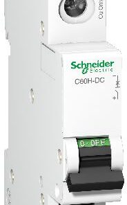 Schneider Electric Acti 9 C60H DC installatieautomaat 1P C1A Witte Schneider Electric-installatieautomaat, groene en zwarte schakelaar, zijaanzicht.