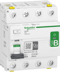 Schneider Electric Type B aardlekschakelaar, 4-polig, 25A 300mA Witte Schneider Electric aardlekschakelaar met groen Type B-merkteken, vierpolig model.
