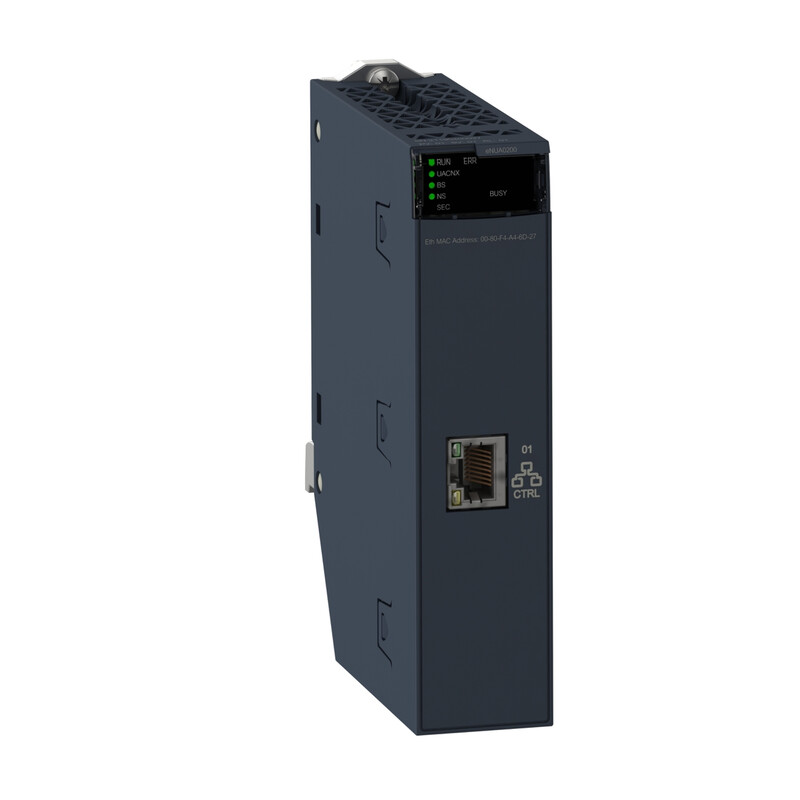 Donkergrijze Modicon-communicatiemodule met groene en rode LED-lichten, Ethernet-poort en smal, verticaal ontwerp ...